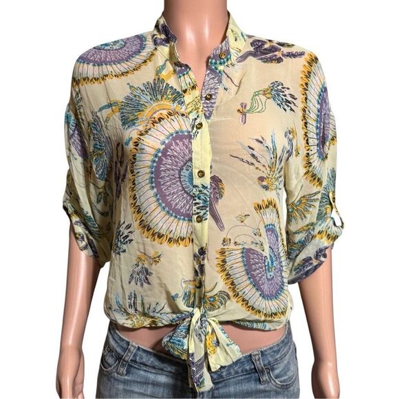 Pulp multi color button down tie front abstract 3/4 sleeve mandarin collar top M - Picture 2 of 6